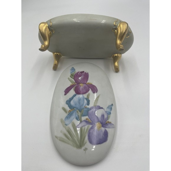 Antique Hand Painted Porcelain Jewelry Box Trinket Footed Box Signed Chiz - Picture 6 of 7